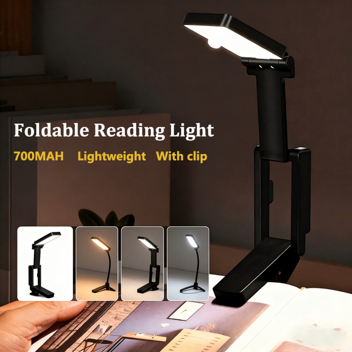 Oplaadbare LED klemlamp wit 700mAh | Opvouwbare draagbare mini boeklamp | Oogvriendelijk als leeslamp en compacte bureaulamp — cadeau in Gadgets - foto 3