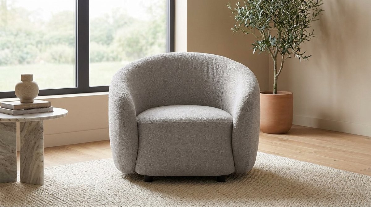 Fauteuil – Industrohome Luxe Bouclé Woonkamer Fauteuil Grijs – Design Armstoel / Leesstoel met Comfort Zitting – Modern Lounge Stoel met Golfvering & Stevige Rugleuning – Vrijstaand Accent Meubel