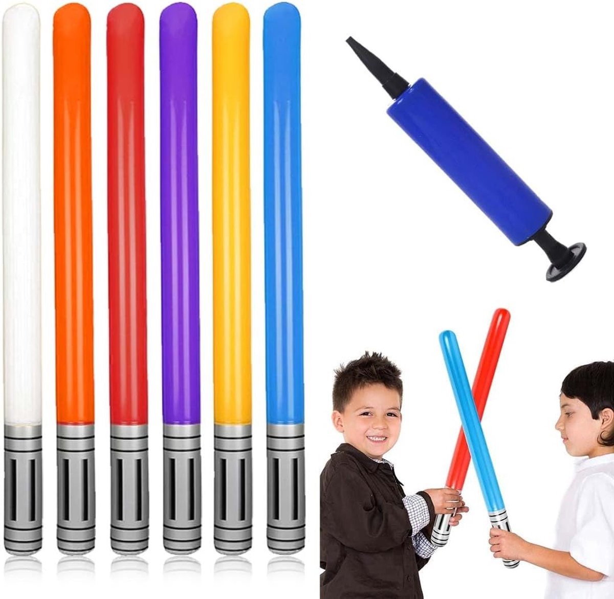Opblaasbare lichtzwaarden set van 6, ideaal voor kostuums, themafeesten en kinderverjaardagen, 90 cm, inclusief pomp voor eenvoudig opblazen