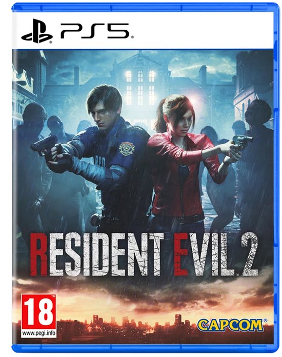 PlayStation 5 hoes van Resident Evil 2. Leon en Claire met wapens, regenachtige stad, logo 'Resident Evil 2', '18' en 'CAPCOM'.