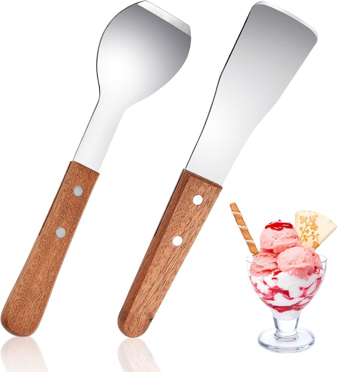 Set van 2 IJsschep RVS met Houten Handvat – Ideaal voor IJs, Taart en Dessert