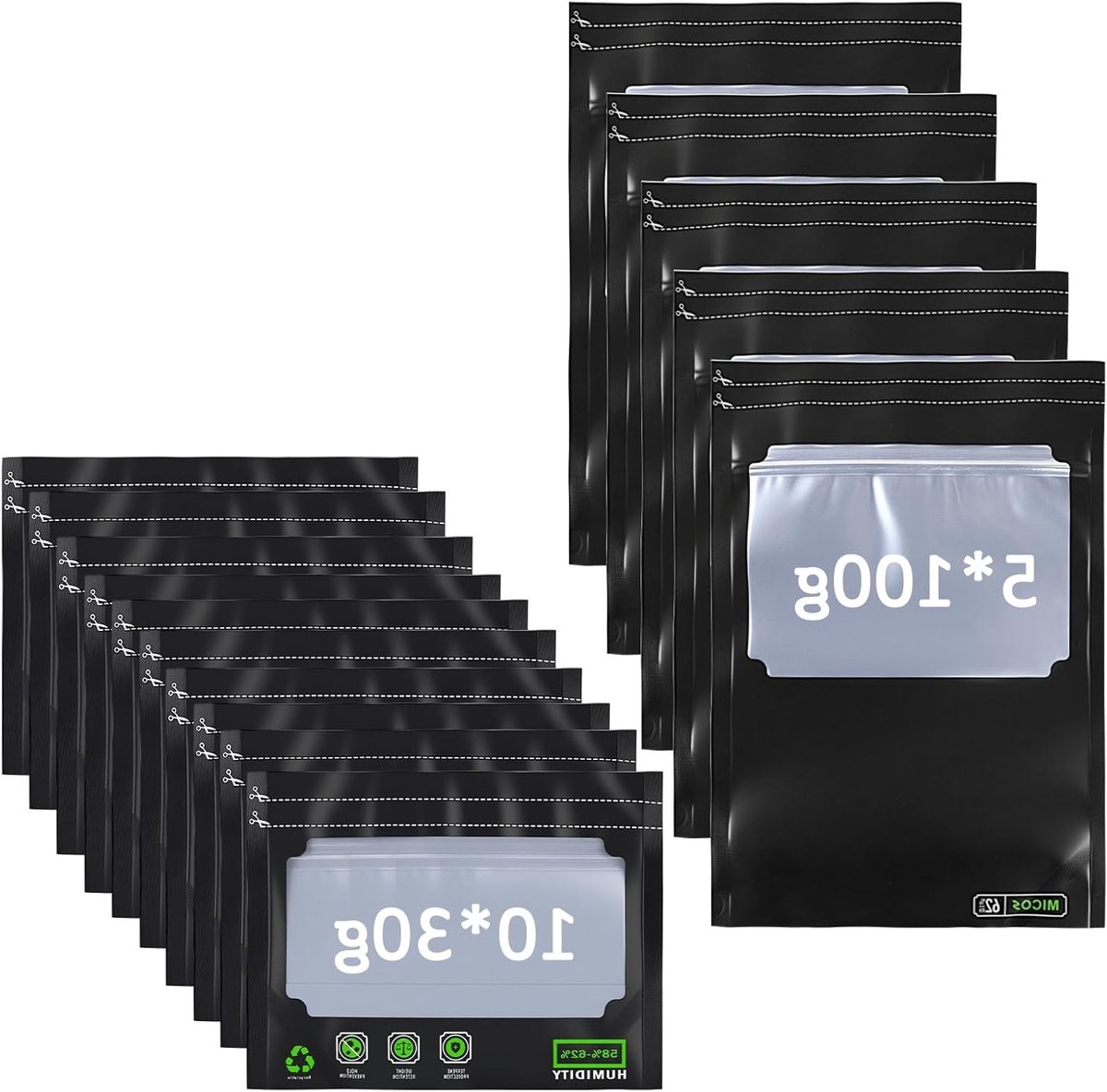 Herbruikbare opbergzakken set van 15, 10 x 30 g en 5 x 100 g, luchtdichte zakken met vochtregulatie en UV-bescherming voor optimale versheid