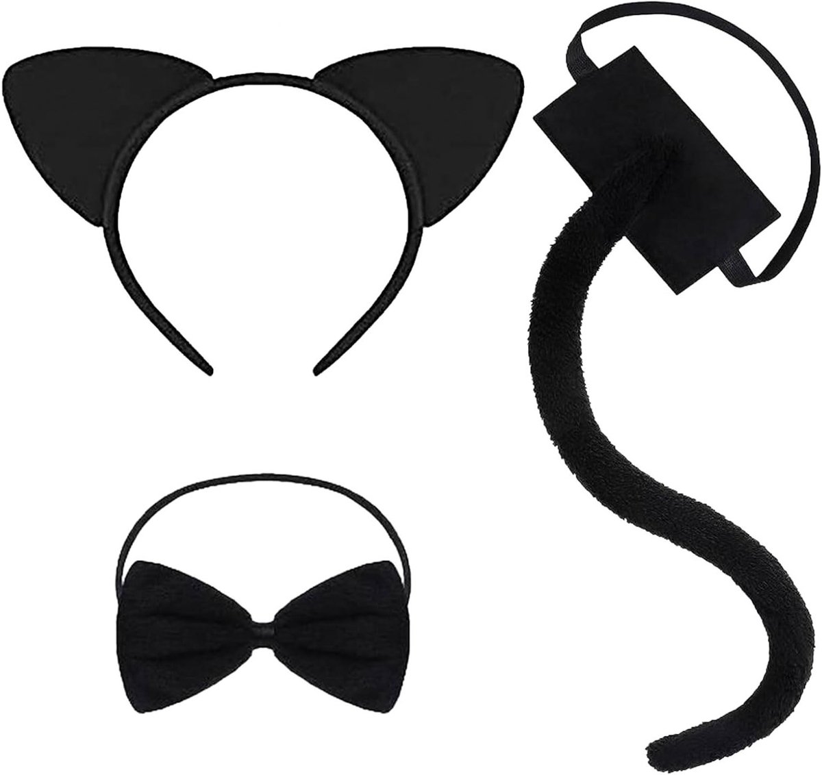 3-delig kattenkostuum voor kinderen en volwassenen, met kattenoren, lange staart en strikje, perfect voor Halloween, carnaval en cosplay feestjes