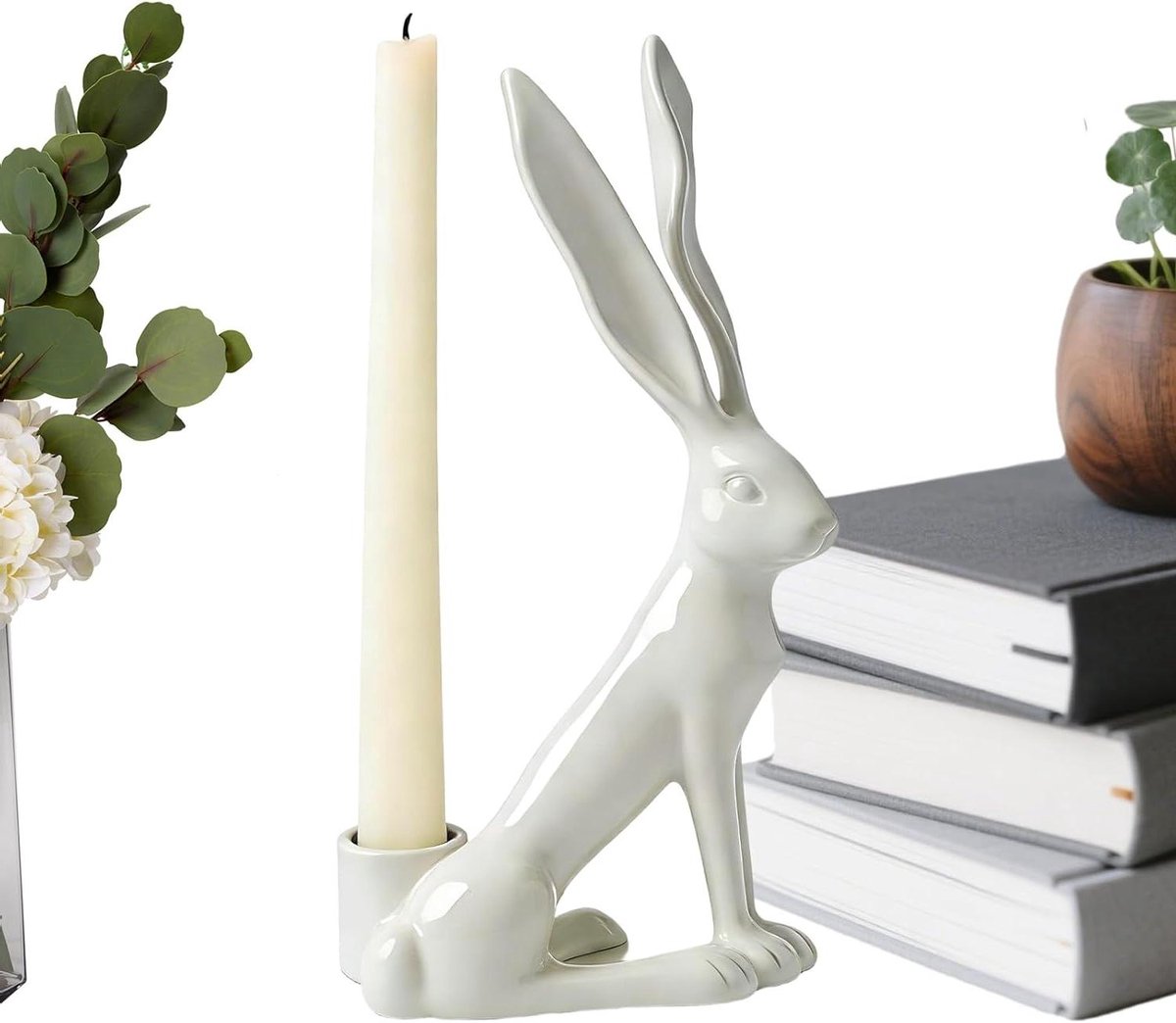 Kandelaar met paashaasmotief voor zuilkaarsen, kunsthandwerk figuren van hars - paashaas kandelaar - voor de decoratie van kamer, tafel, als middelpunt, bij bruiloften, bij de open haard Sims en aan