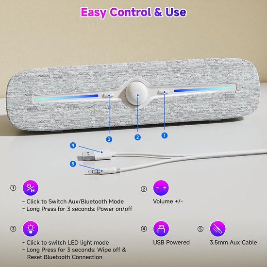 PC Luidspreker - Computerboxen Soundbar - Muziek Film Gaming - Kleurrijke LED Effecten - 32 cm Lengte - Wit — afbeelding 3