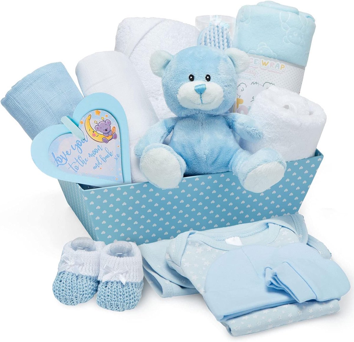 Babyshower Cadeaumand - Kraamcadeau Set - Nieuwe Ouders Verrassen - Compleet Baby Pakket - 30 x 23 x 28.5 cm
