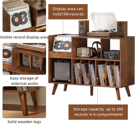 Platenspeler Tafel - Platenspeler Standaard - Vinyl Opbergkast voor 450+ Elpees - Grote Platenkast met Nu Afspelend Display - Vinyl Storage Meubel - Audiomeubel & Platenspeler Meubel - Platenhouder voor Woonkamer & Muziekkamer — afbeelding 5