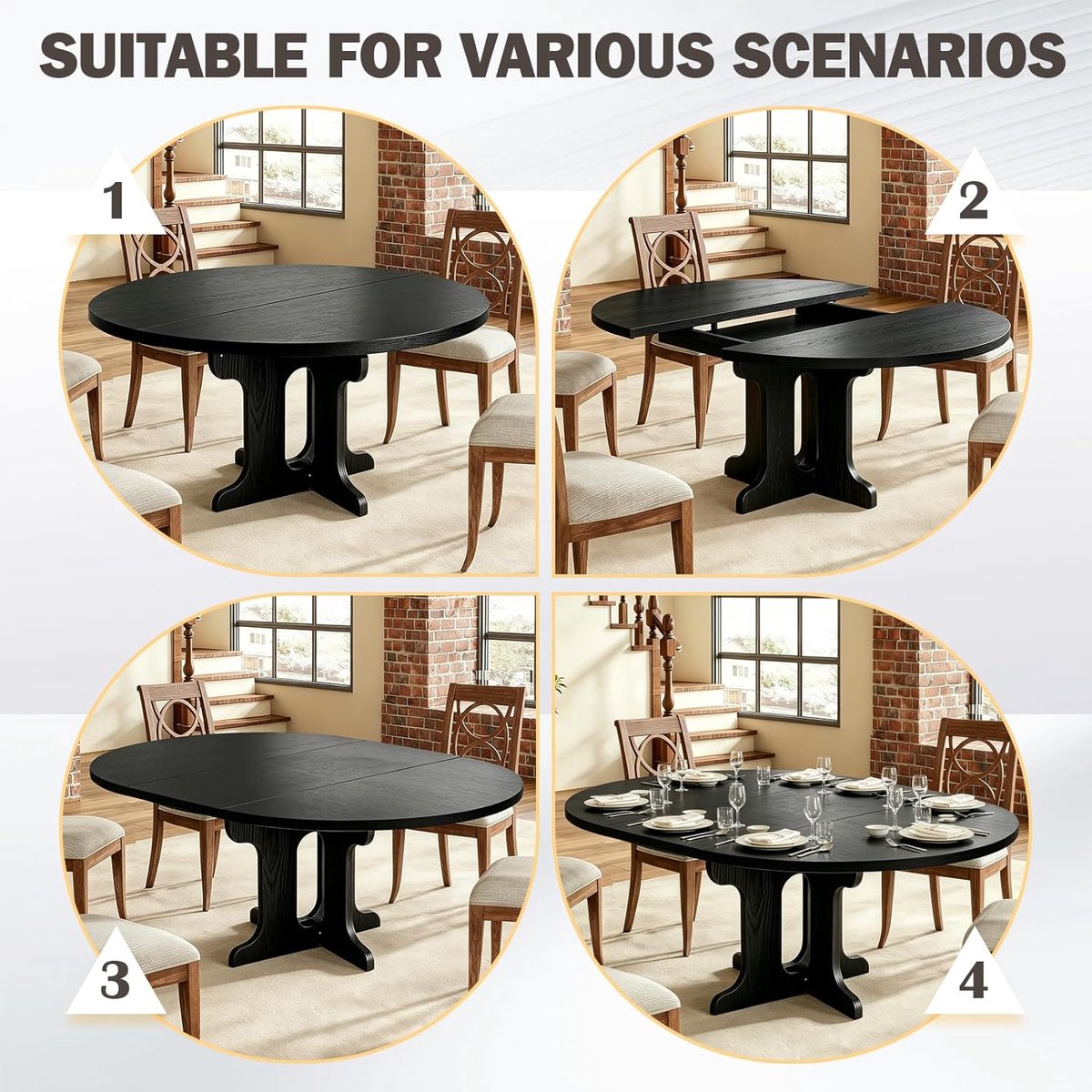Uitschuifbare Ronde Eettafel 90–120 cm Zwart Modern Ovaal Design voor 2–8 Personen met Stabiel Kolomonderstel – Ruimtebesparende Keuken- en Eetkamertafel