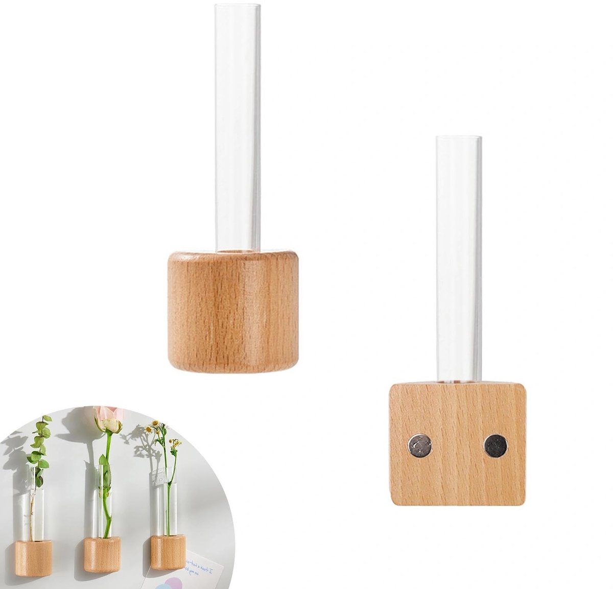 Dailygoods- Mini-Vaas 2 Stuks 12,5 cm - Magnetische Wandvazen - Transparante Vaas - Stabiel en Praktisch - Voor Kantoor/Slaapkamer - Wandvaas