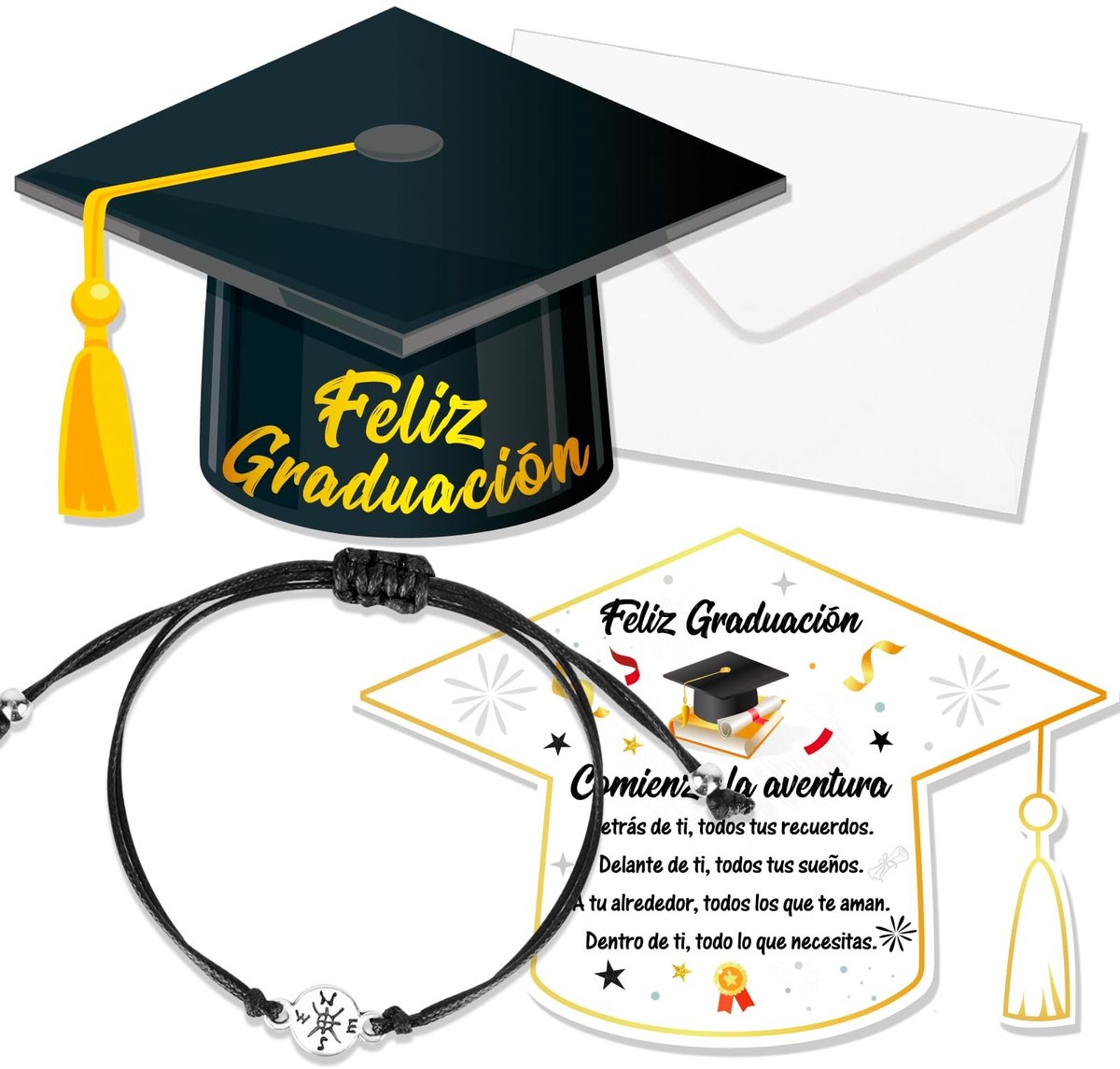 Dailygoods- Wenskaart Afstuderen - Wenskaarten Set - Afstudeerarmband - Afstudeercadeau - Verstelbare Armband - Inclusief Envelop