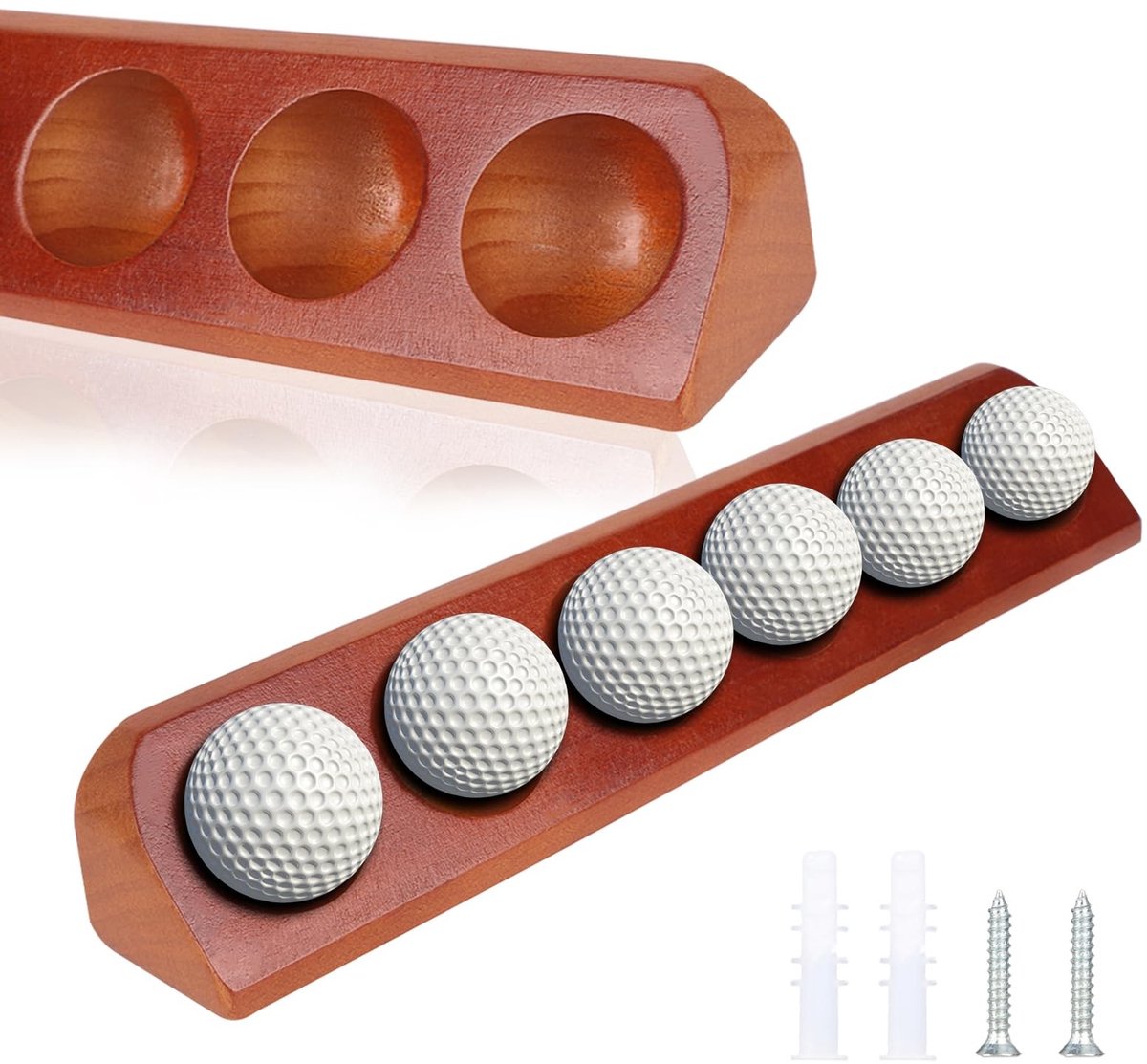 Dailygoods- Golfbalstand Houten - 6 Holes - Wandbeugel - Inclusief Schroeven - Decoratie - Elegant Design - Afmetingen 34 x 5 x 5 cm - Golfbalhouder