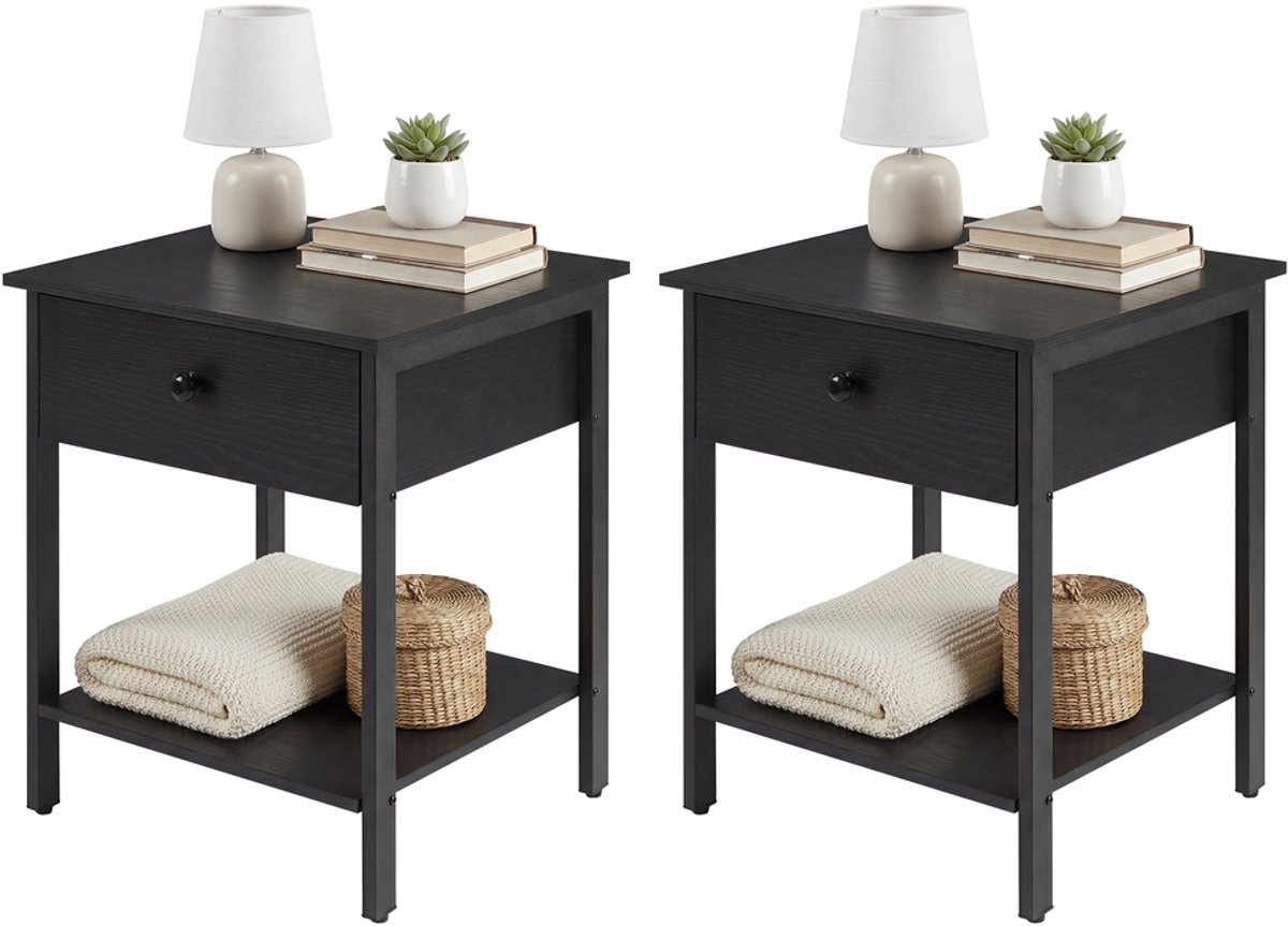 Vasagle Nachtkastje - Met Lade - Bijzettafel voor Slaapkamer - Met Stalen Frame - Eenvoudige Montage Zwart