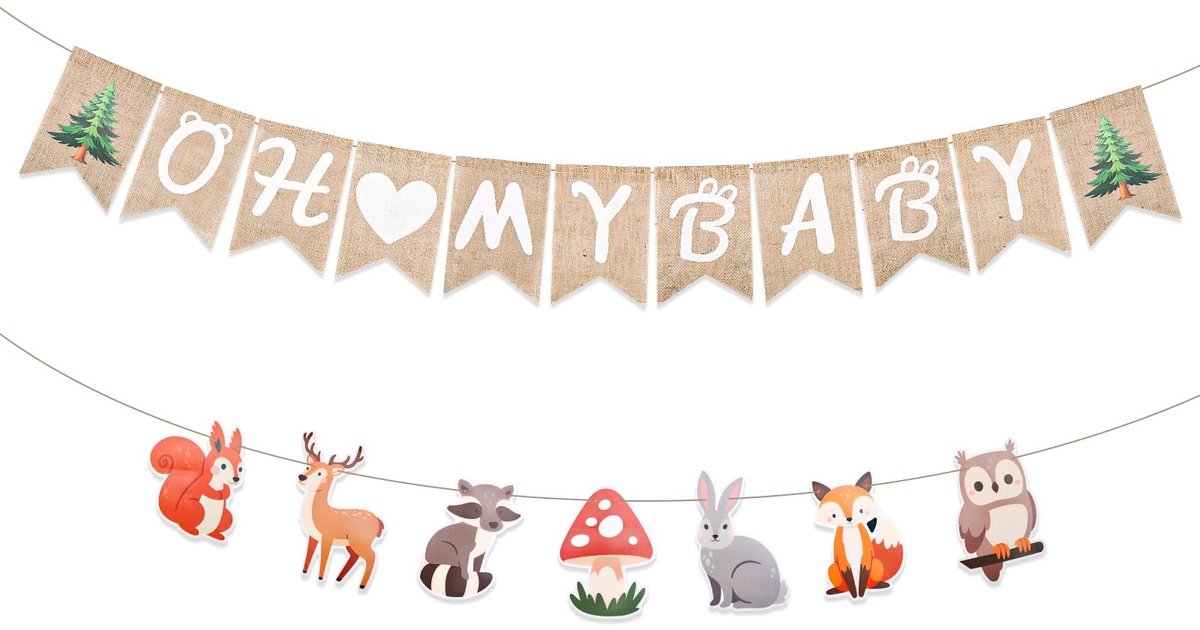 Dailygoods- Baby Shower Decoraties 185 cm - 2 Stuks Banner - Schattige Dieren - Paddestoel/Rendier/Konijn/Uil - Welkom Baby - Bos Thema Decoratie - Feestdecoratie