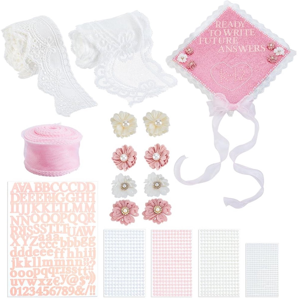 Dailygoods- Afstudeerhoed Decoratieset - DIY Hoed - Parel Stickers - Bloemen - Linten - Kant Trim - 2 Kleuren - Afstudeerpet
