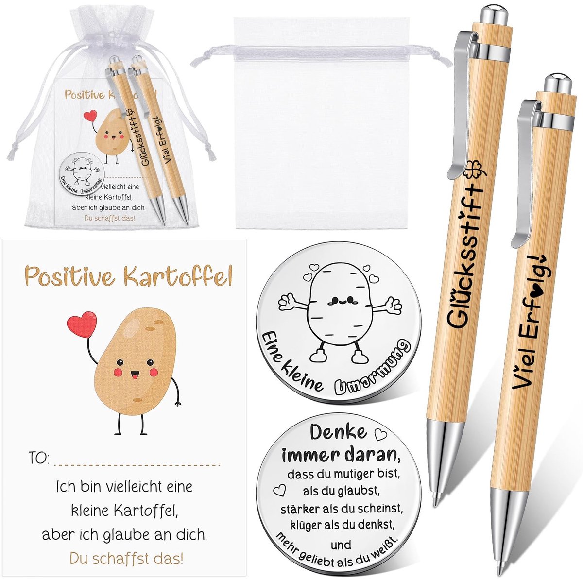 Dailygoods- Geluksbrenger met positieve aardappel - Geluksbrenger sleutelhanger - Inspirerend cadeau - Bemoedigende boodschap - Hoogwaardig roestvrij staal - Klein en delicaat ornament - Geluksmunten