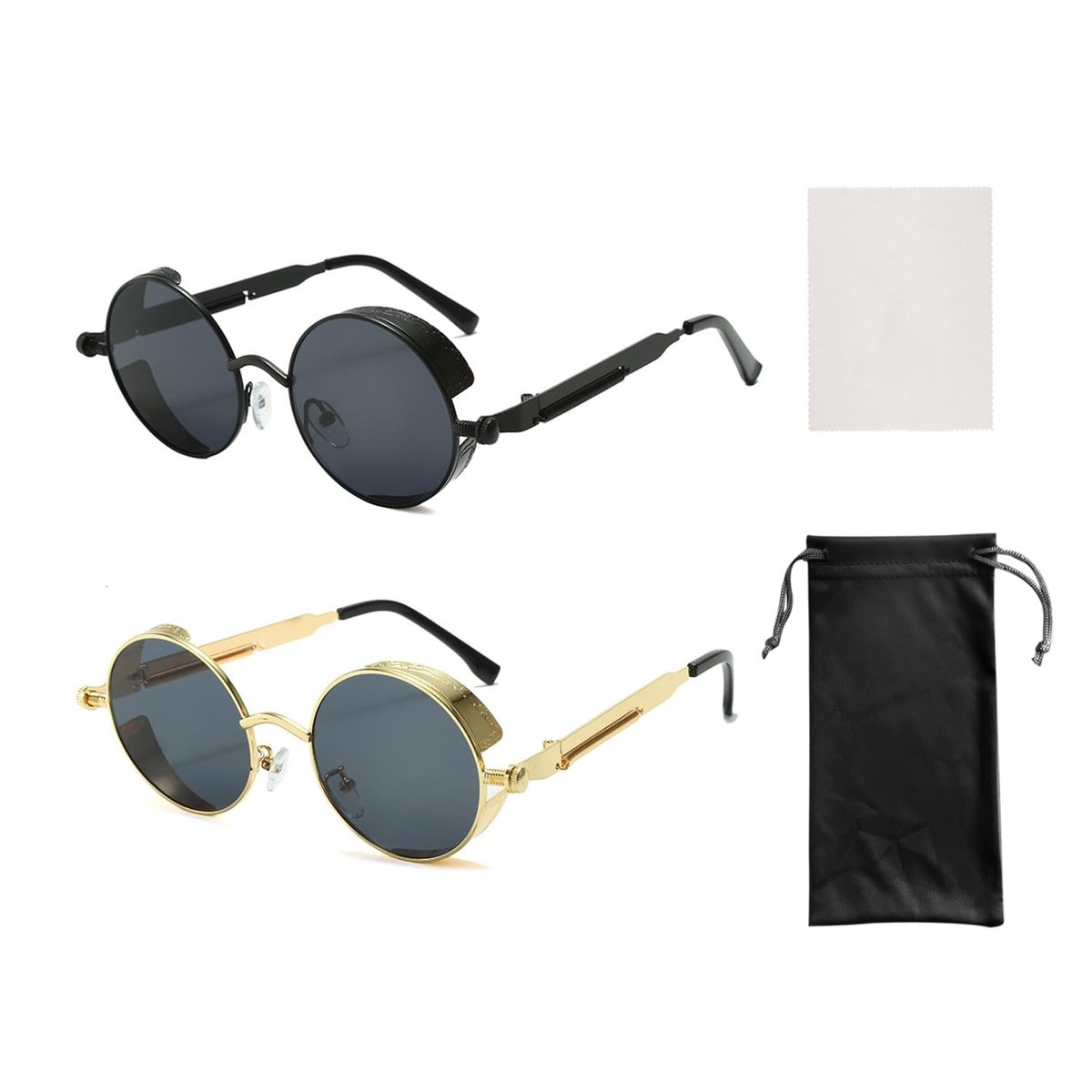 Dailygoods- Zonnebril Retro - 2 Stuks - Metalen Frame - Zwart/Goud - Brillendoekje - Brillenopbergtas - Lichtgewicht 30,5 g - Zonnebrillen