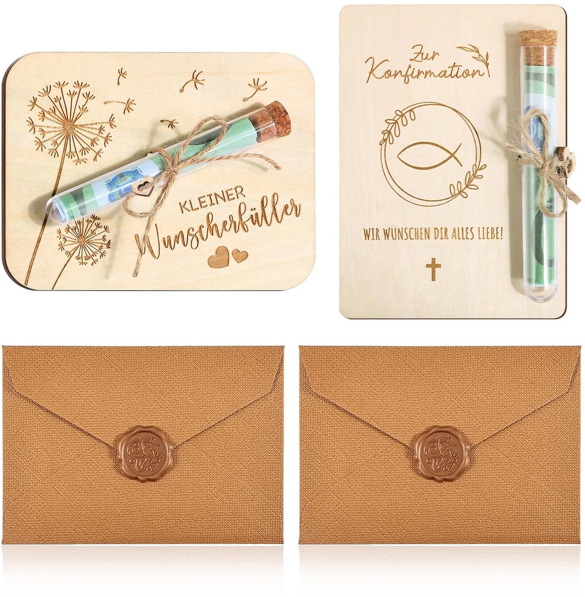 Dailygoods- Wensvuller Houten Geldgeschenkverpakking - 2 Stuks - Bruin - 16,5 x 15 x 1,5 cm - Voor Verjaardag/Bruiloft/Kerstmis - Inclusief Accessoires - Geldgeschenk