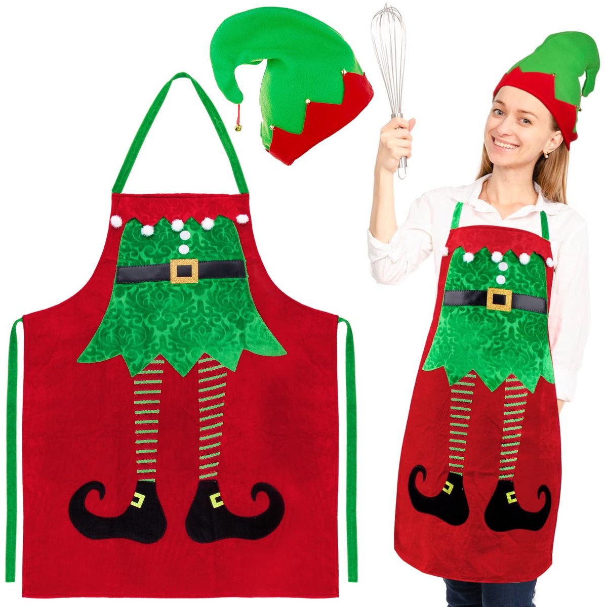 Dailygoods- Kerstschort met kerstmuts - Kookschort voor dames/heren - Polyester - Decoratief schort - Ideaal voor kerstkostuum - Handwas tot 30 graden