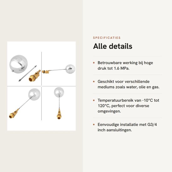 Solidchoice- Vlotterklep Roestvrij Staal - G3/4 Buitendraad - Watersensor - Drijvende Bal - Werkdruk 1,6 MPa - Gewicht 526g - Drijvende Klep van Solidchoice — afbeelding 4