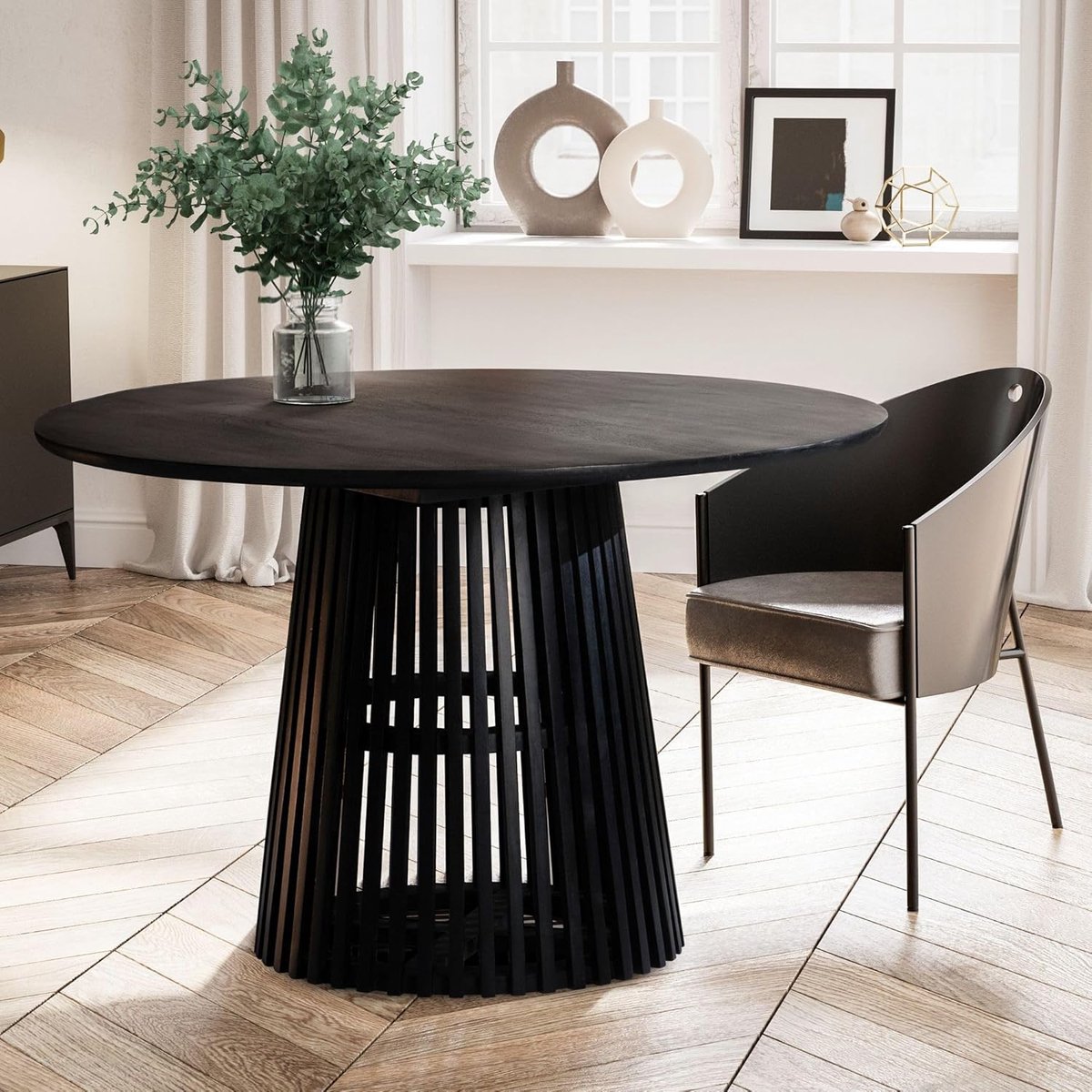 NoirGrid Luxe Ronde Eettafel 120 cm – Design Massief Mangohouten Keukentafel Ø120 cm met Zwart Gelakt Tafelblad en Geometrisch Raster Onderstel, Industriële Eettafel voor 4 Personen, 120 x 120 x 77 cm