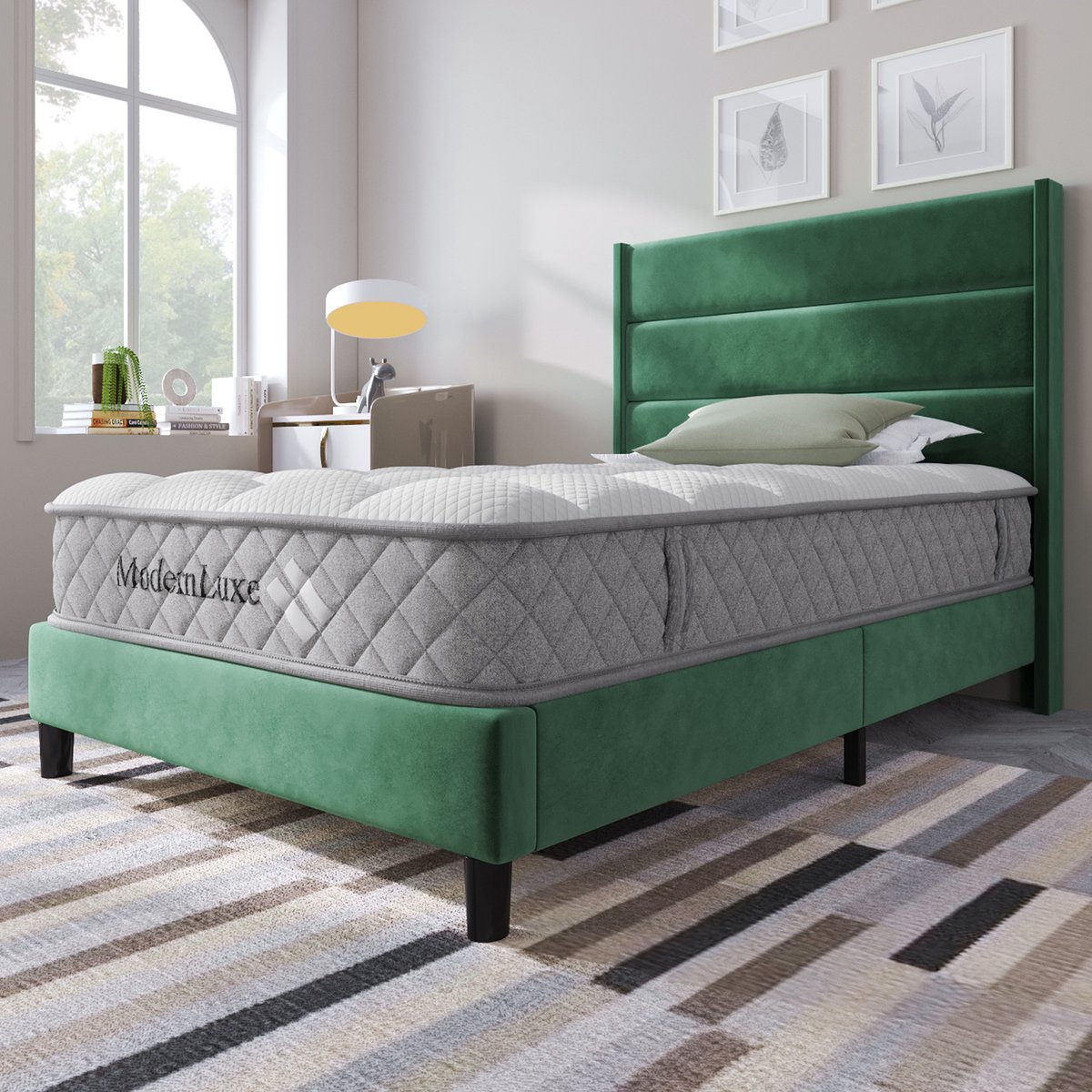 Clruro Kinderbed - 90x200 - Polsterbed met lattenbodem, inclusief matras, donkergroen - fluweel - groen