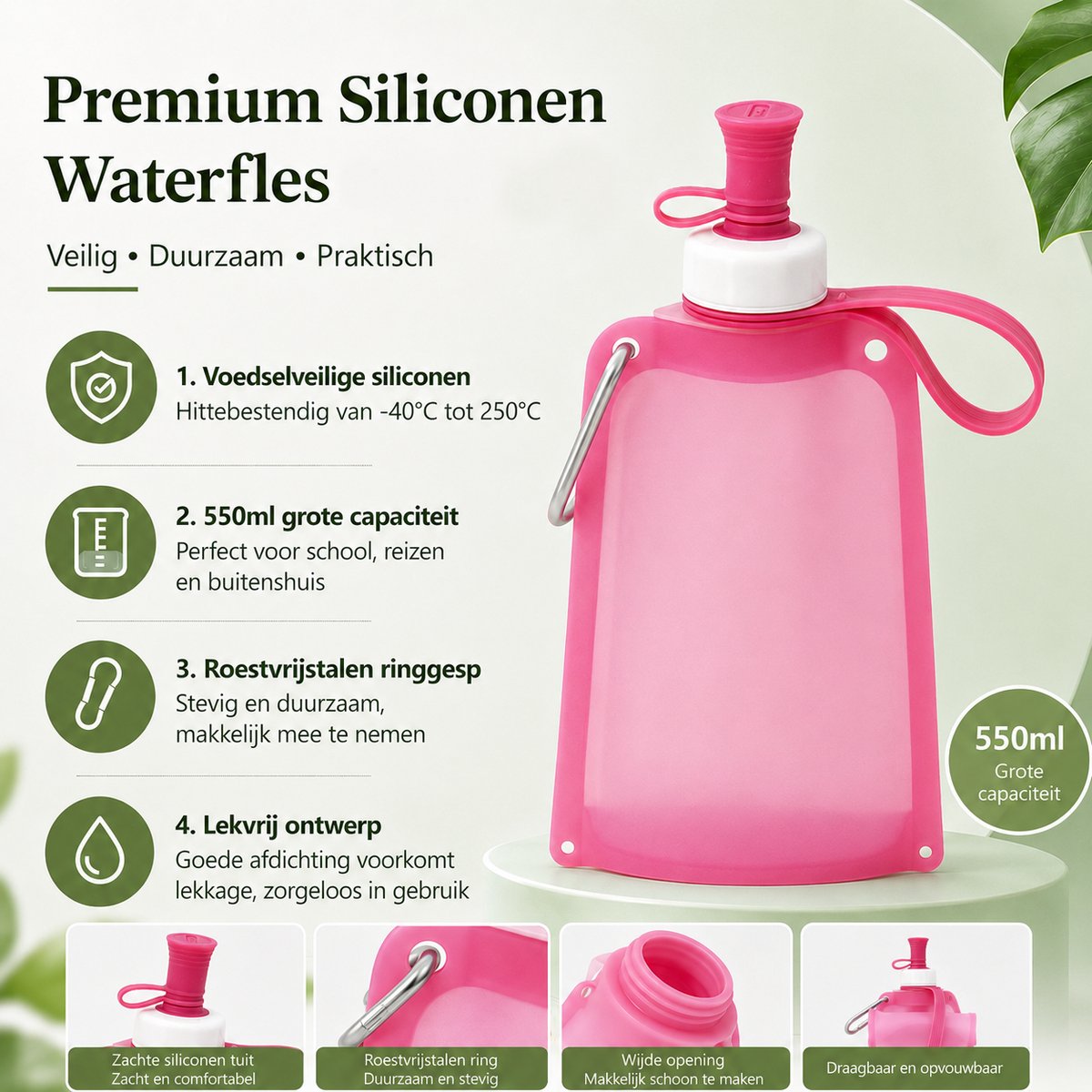 Outdoor opvouwbare draagbare waterfles met karabijnhaak & Verstelbare Schouderriem - 550ml - Herbruikbare sportbidons voor wandelen reizen - Voedselveilig siliconen - temperaturen van -40 °C tot 250 °C — cadeau in Sport & Outdoor - foto 5