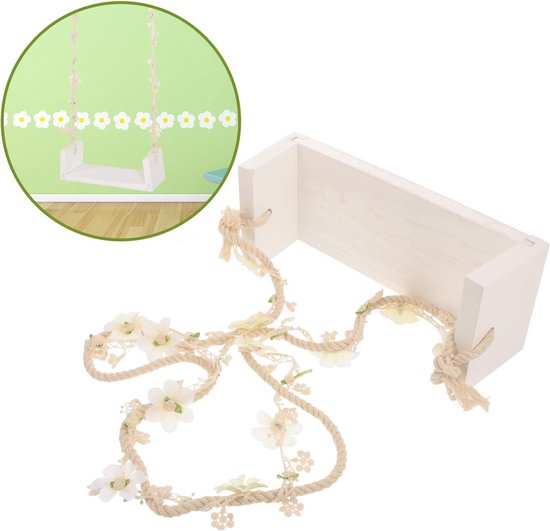 Houten Newborn Schommel - Fotografie Prop - Fotoshoot Decoratie - Met Bloemaccenten - 13 x 30 x 10 cm - Wit — afbeelding 5