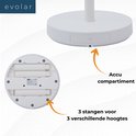Collage van een witte mobiele airco, een houten plafondventilator en een witte mobiele airco. Logo "evolar" boven de linker afbeelding.
