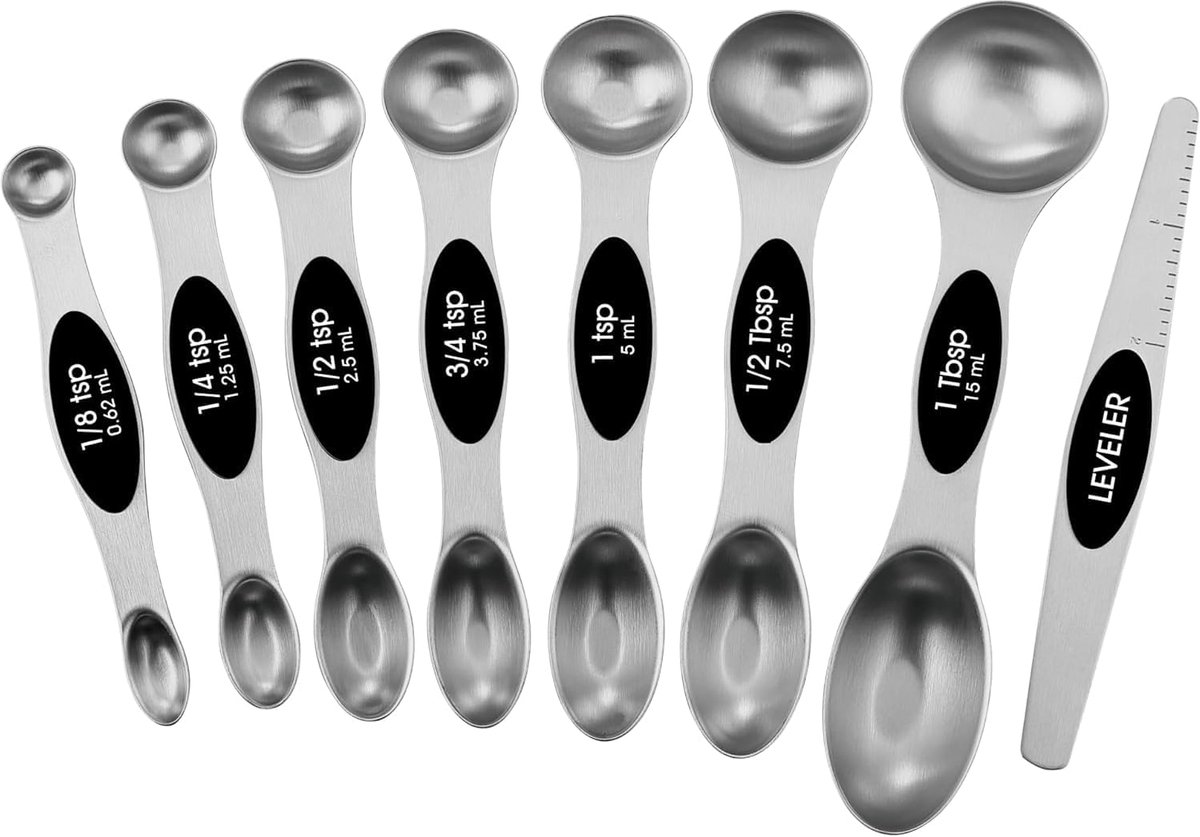 Ulisem - Maatschepjes - Roestvrij staal - Met sterke N45 magneet - 8-delige set - Met strijkstok - Magnetisch en stapelbaar - Voor kruiden en bakken - Keukenaccessoire - Herbruikbaar - Vaatwasserbestendig - Eenvoudig schoon te maken - Zwart