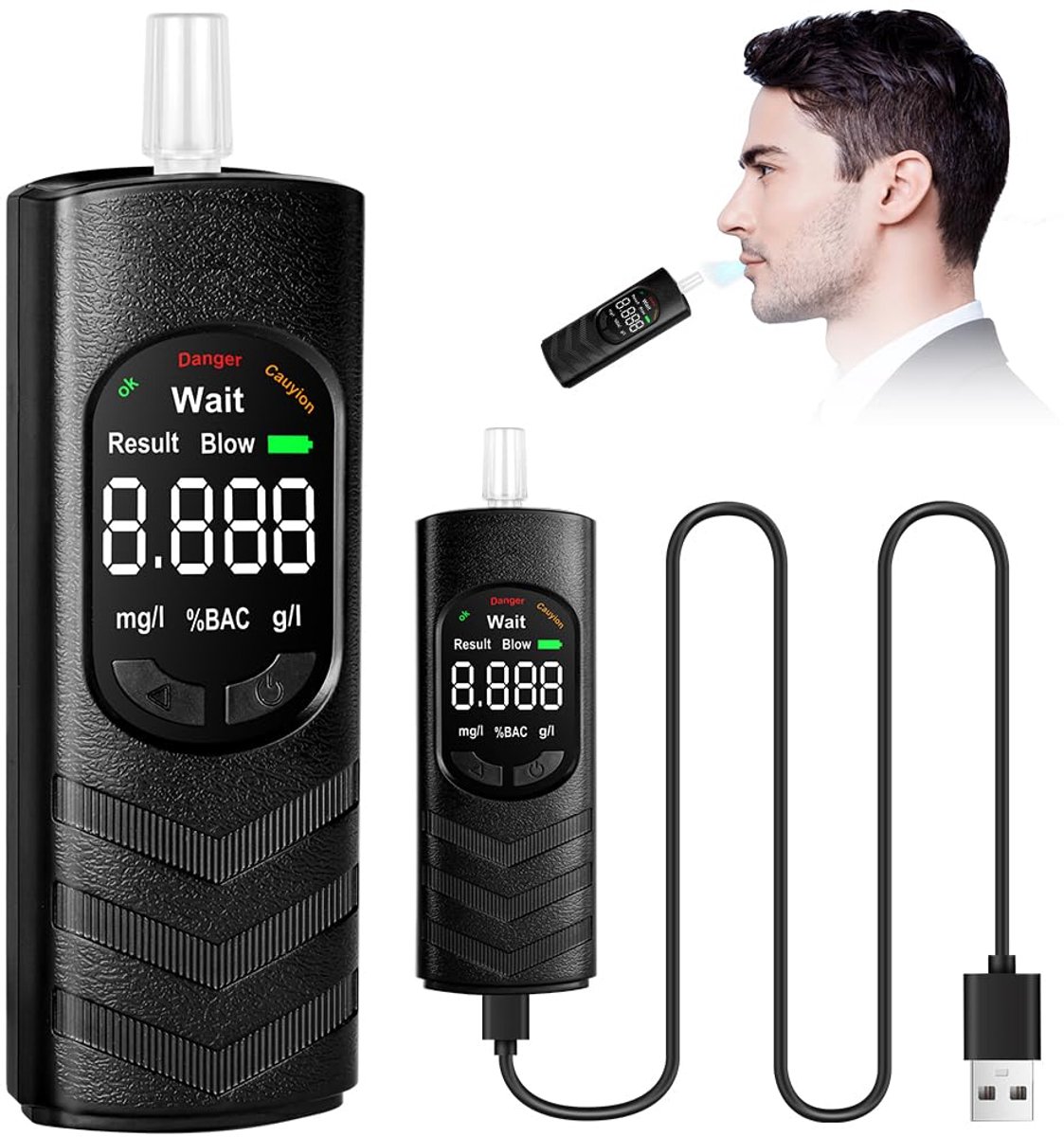 carmdering - Alcoholtester - Blaastester - Professionele Alcoholmeter - 4e generatie dubbele sensor, 0-0,200% BAC, 0-2,00 g/L - Oplaadbaar via USB, 200 mAh, 10 sec - Met 5 mondstukken - Draagbaar - Voor thuis en professioneel gebruik