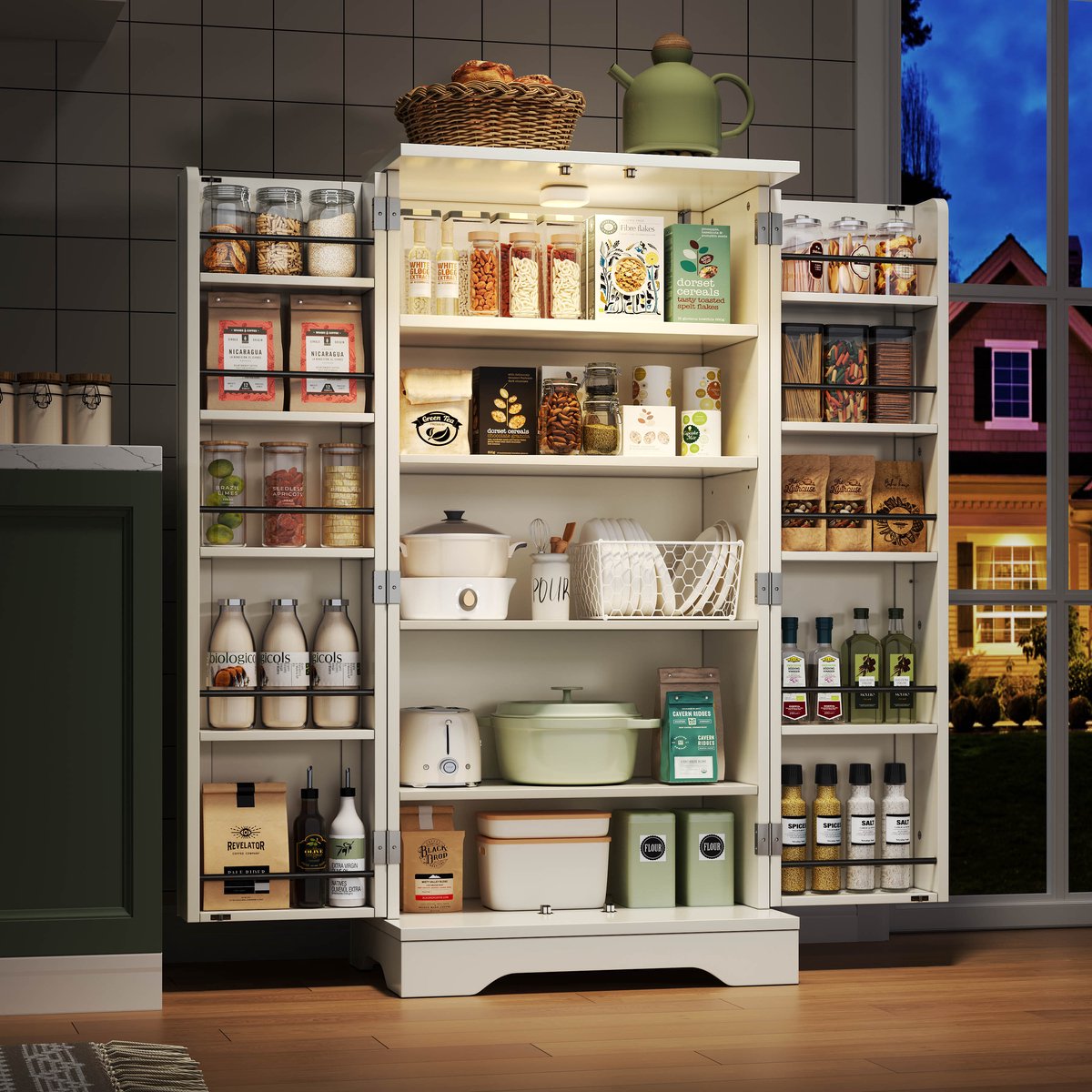 Keukenkast - 120x60x40 cm met LED-sensorverlichting, grote opbergkast met 2 deuren, verstelbare planken en deurvakken – geschikt voor keuken, eetkamer of woonkamer, wit
