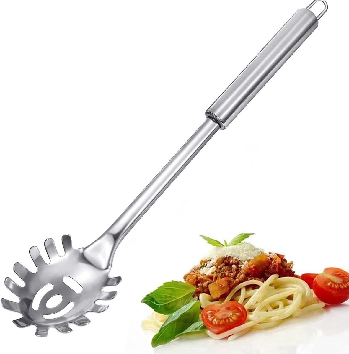 Dailygoods- Spaghettilepel Roestvrij Staal - Ergonomische Handgreep - 30,5 cm - Vaatwasmachinebestendig - Ophanggat - Kartels voor Makkelijk Serveren - Pastalepel