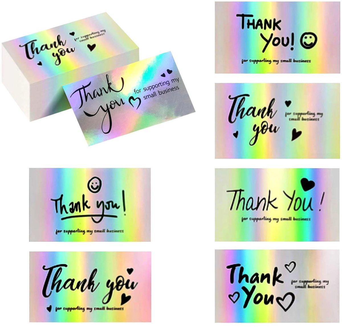 Dailygoods- Bedankkaarten Holografisch - 140 Stuks - 9 x 5 cm - Geschikt voor Oogstfeest/Graduatie - Glad/Dik Karton - 7 Stijlen - Bedankbriefkaarten
