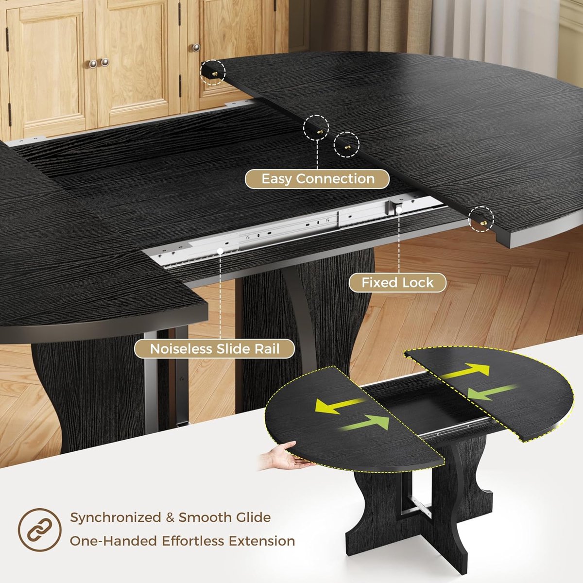 Uitschuifbare Ronde Eettafel 110–150 cm Zwart Ovaal Design voor 4-8 Personen met X-Frame Onderstel en Uitneembare Bladen