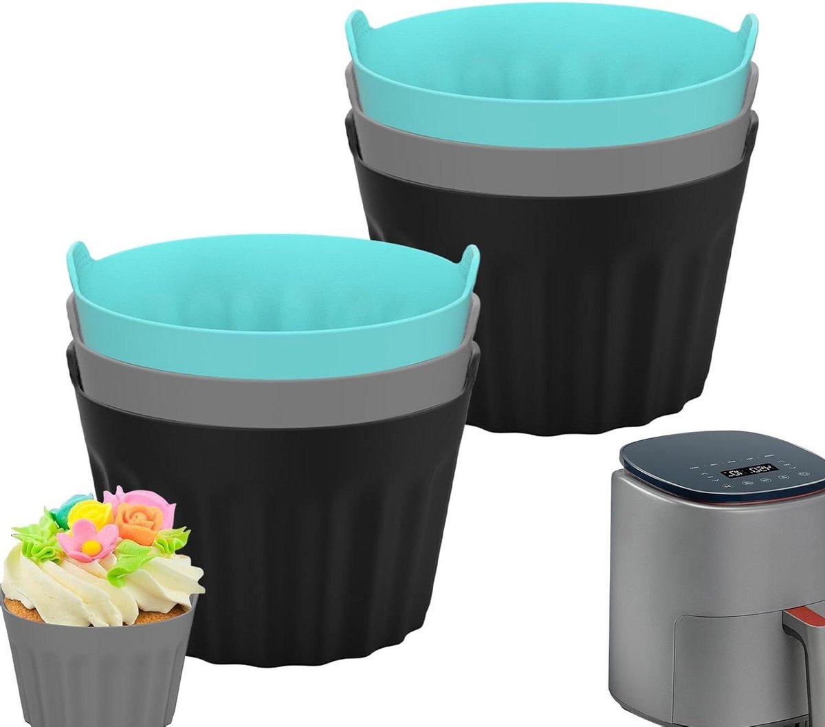 Airfryer Bakvormen - Muffinvorm Cupcake - Muffins Bakken - Voedselveilig Siliconen - 6 Stuks - Blauw Grijs Zwart
