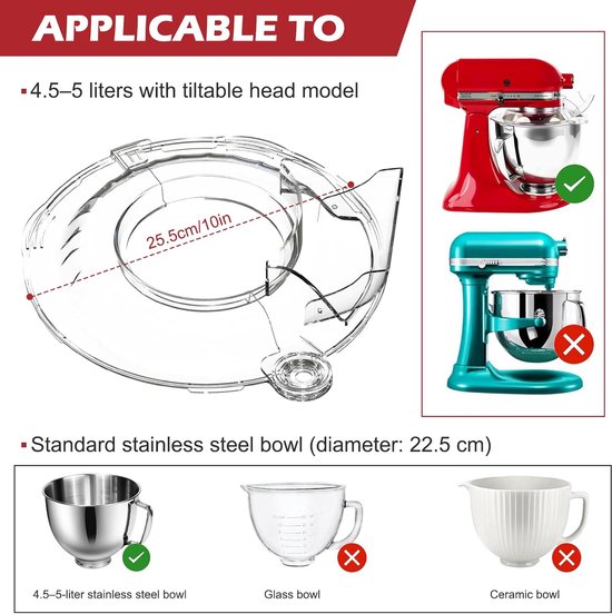 Mixer Accessoire - Spatbeschermer Kom - Bakken en Koken - Verbeterde Vulopening - 4.5-5 Liter - Transparant — afbeelding 5
