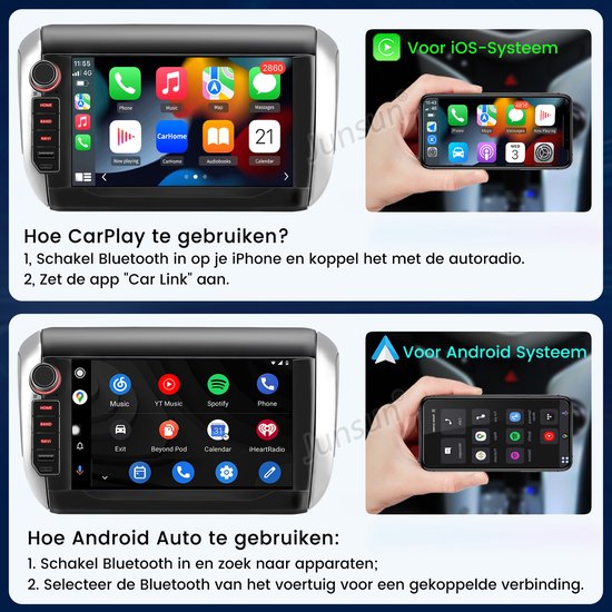 Uitleg over het gebruik van CarPlay en Android Auto op het autoradio scherm.