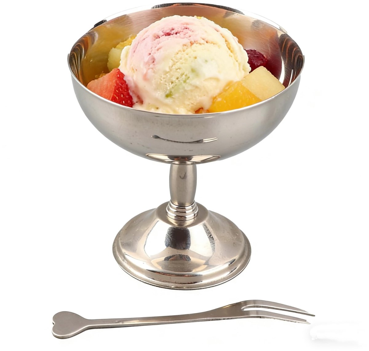Dailygoods- Ijsbeker Roestvrij Staal 304 - Retro Dessertkom met Voet - Inclusief Lepel/Vork - Duurzaam - Klein Formaat 9 cm - Ideaal voor Salade/Pudding