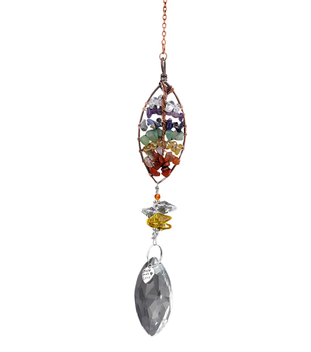Goodli Suncatcher Levensboom met Kristallen Druppel - Zonnevanger Raamdecoratie met Chakra Stenen - Brons en Meerkleurig Edelstenen Suncatcher - Regenboog