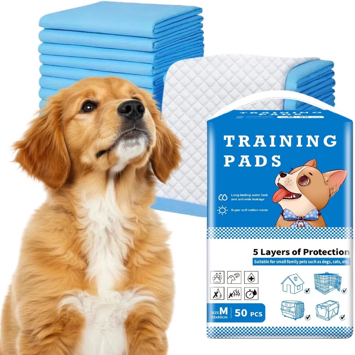 Dailygoods- Absorberende Hondentapijt 5 Lagen - Lekvrij - Hygiënisch - Zacht - Antislip - 45 x 60 cm, 50 Stuks - Puppytrainingpads