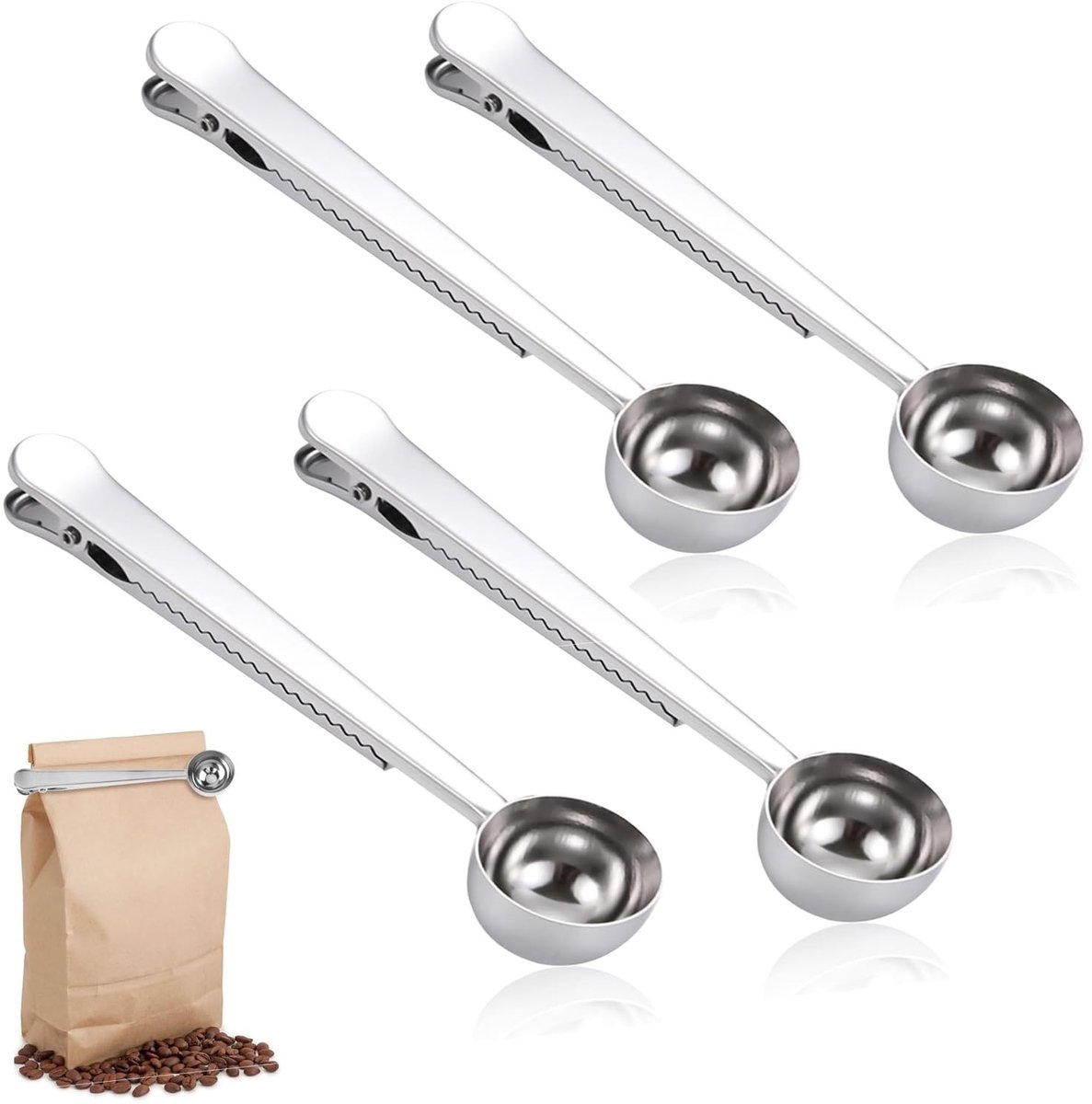 Dailygoods- Koffielepelclip 4 Stuks - Roestvrij Stalen Koffielepel - Multifunctionele Koffiemaatlepel - Afdichtingsclip - Herbruikbaar - Vaatwasmachinebestendig