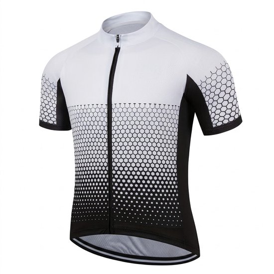 Wit met zwart kort-mouw wielershirt met rits en hexagonpatroon.