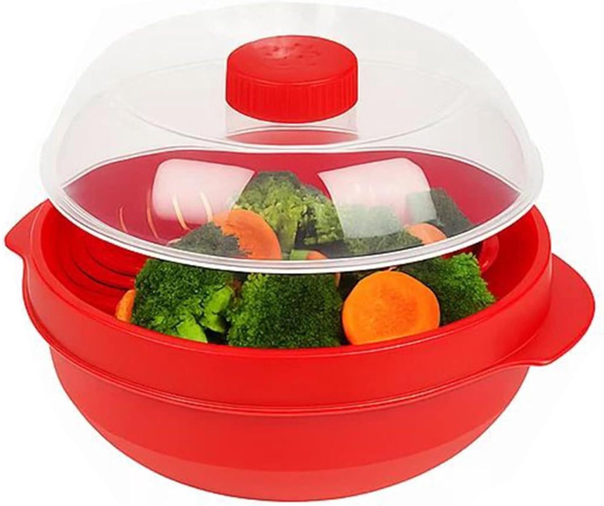 Magnetron Stoomkoker voor Magnetron Gezond Koken Dubbellaags Ontwerp 21 x 21 x 18 cm Rood