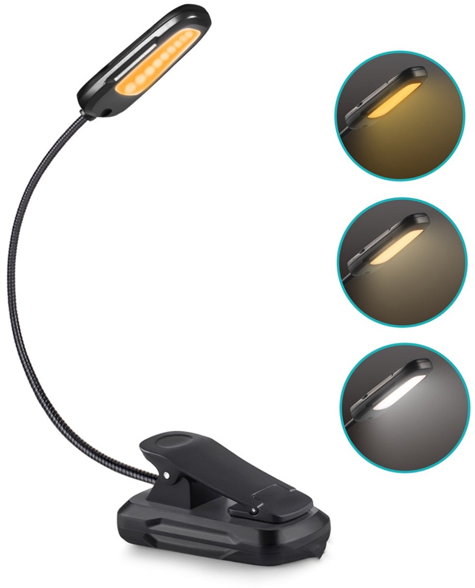 TOVBMUP Boekklemlamp - Boeklamp - Boeklampje - Klemlampje LED - Leeslampje in 3 standen dimbaar - Zwart