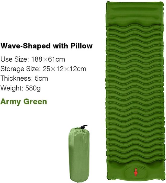 Opblaasbaar Slaapmatje - Kampeer matje Luchtkussen - Outdoor slapen - Ingebouwde voetpomp - Compact opvouwbaar - Legergroen — afbeelding 3