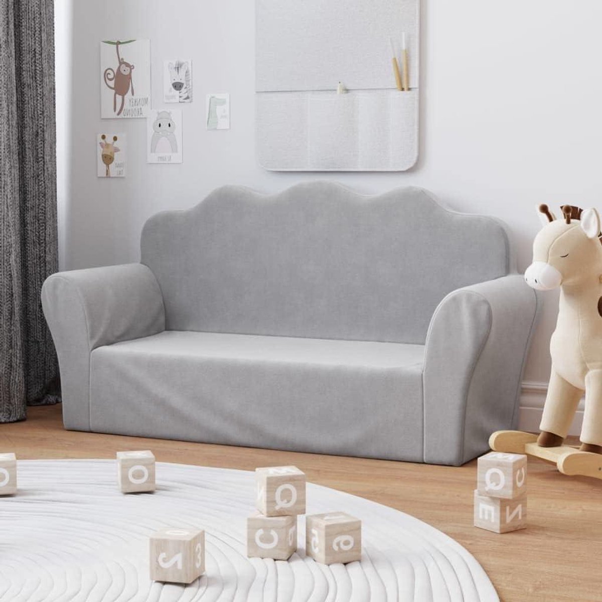 Kinderbank 2-zits - Kinderzitje Bankje - Spelen Ontspannen - Zacht Pluche Materiaal - 94 x 34 x 48 cm - Lichtgrijs