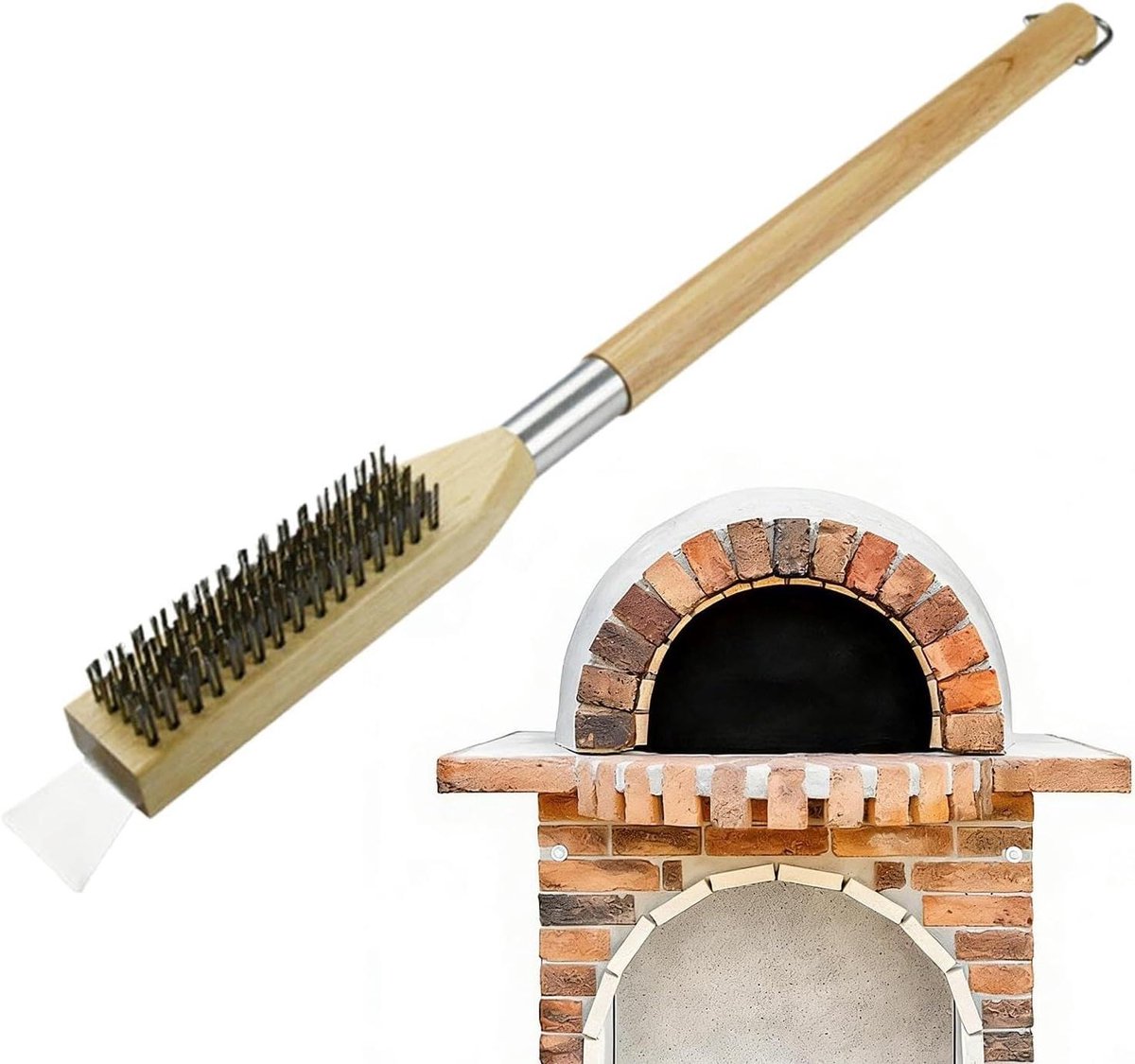 Draadborstel Lange Steel - Grill Schraper Ovenborstel - Oven Reinigen - Afneembare Kop - 50 cm - Houtkleur