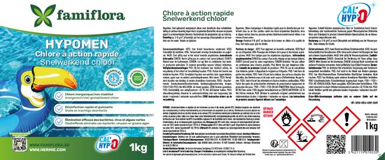 Witte pot met rode dop, label met 'famiflora', 'HYPOMEN', een tukan op zwemband, en productinformatie en gevarensymbolen.