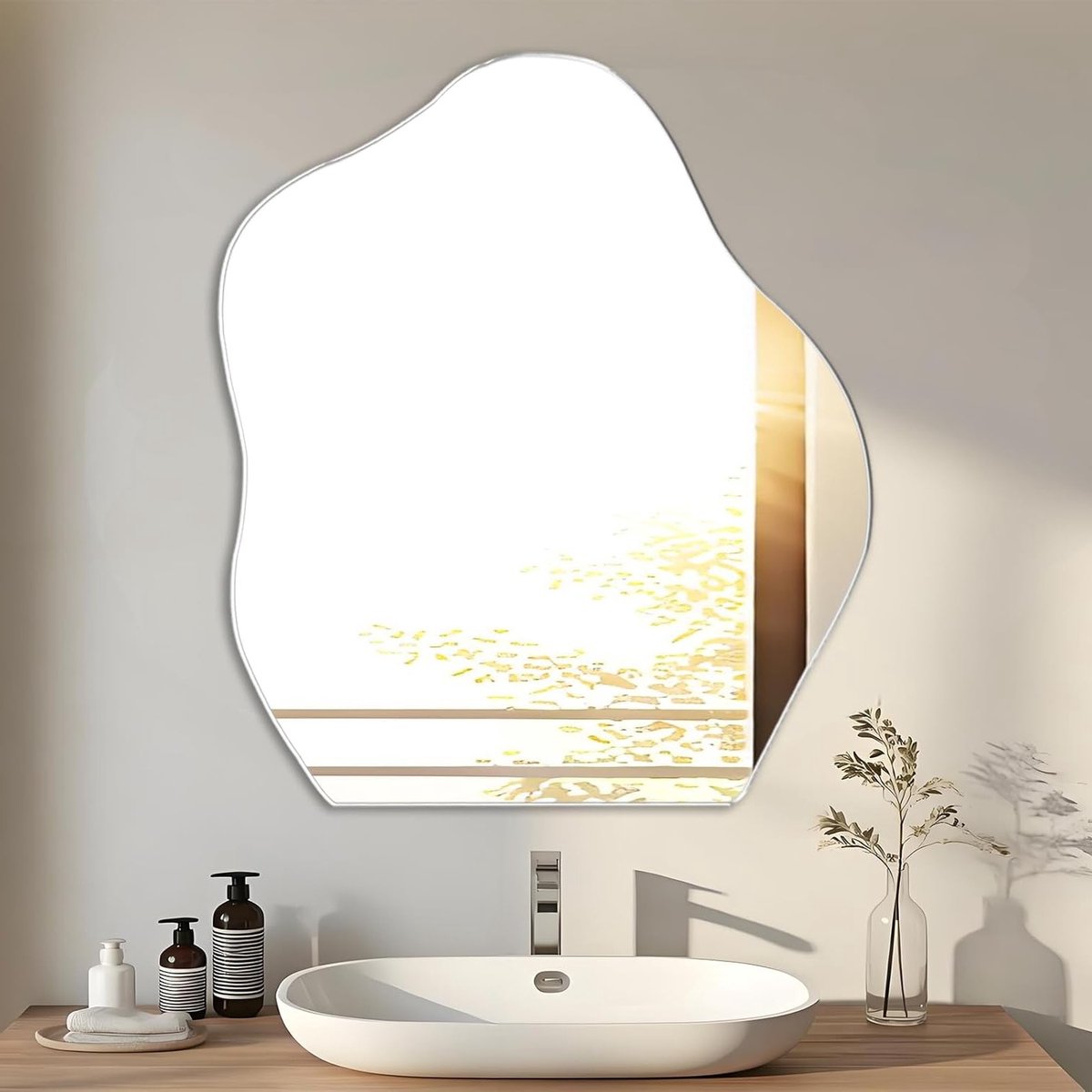 Asymmetrische Wandspiegel voor Badkamer en Woonkamer, 47.8 x 38 cm, HD Glas, Zelfklevende Spiegel, Decoratieve Spiegel voor Wanddecoratie en Interieurstyling
