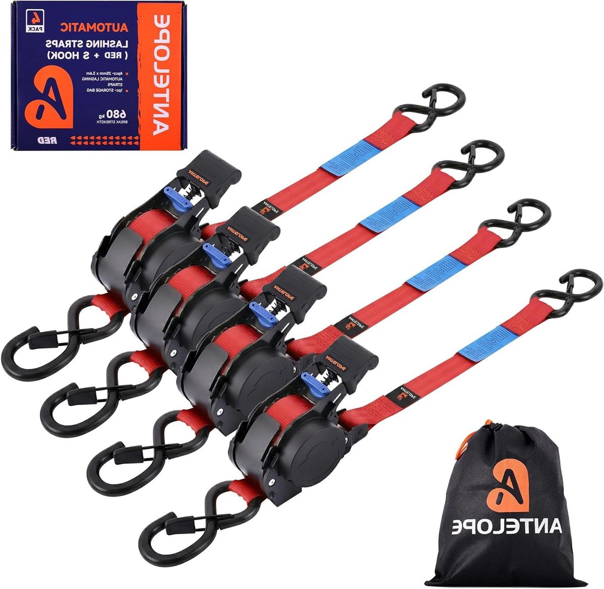 Automatische spanband - Intrekbare riemen - Vervoer lading veilig - Met ratel en haak - 36 meter 4 stuks - Rood